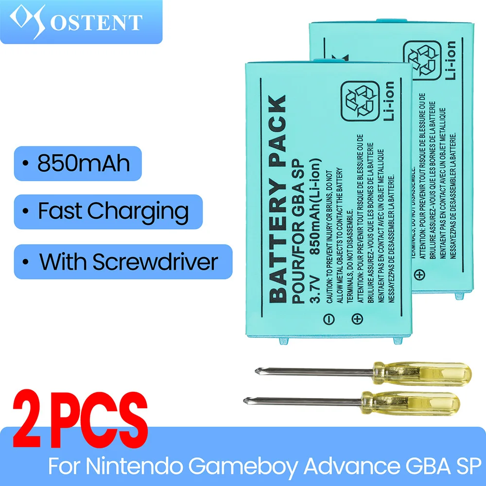 OSTENT 2PCS 3.7V 850mAh Rechargeable Lithium-ion Battery Pack with Screwdriver for Nintendo Gameboy Advance GBA SP
OSTENT 2PCS 3.7V 850mAh Rechargeable Lithium-ion Battery Pack with Screwdriver for Nintendo Gameboy Advance GBA SP