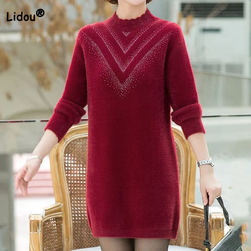 Autumn Winter Keep Warm Solid Color Elegant Diamonds Sweaters Dress Women's Clothing Temperament Half High Collar Knit Dresses
Autumn Winter Keep Warm Solid Color Elegant Diamonds Sweaters Dress Women's Clothing Temperament Half High Collar Knit Dresses
