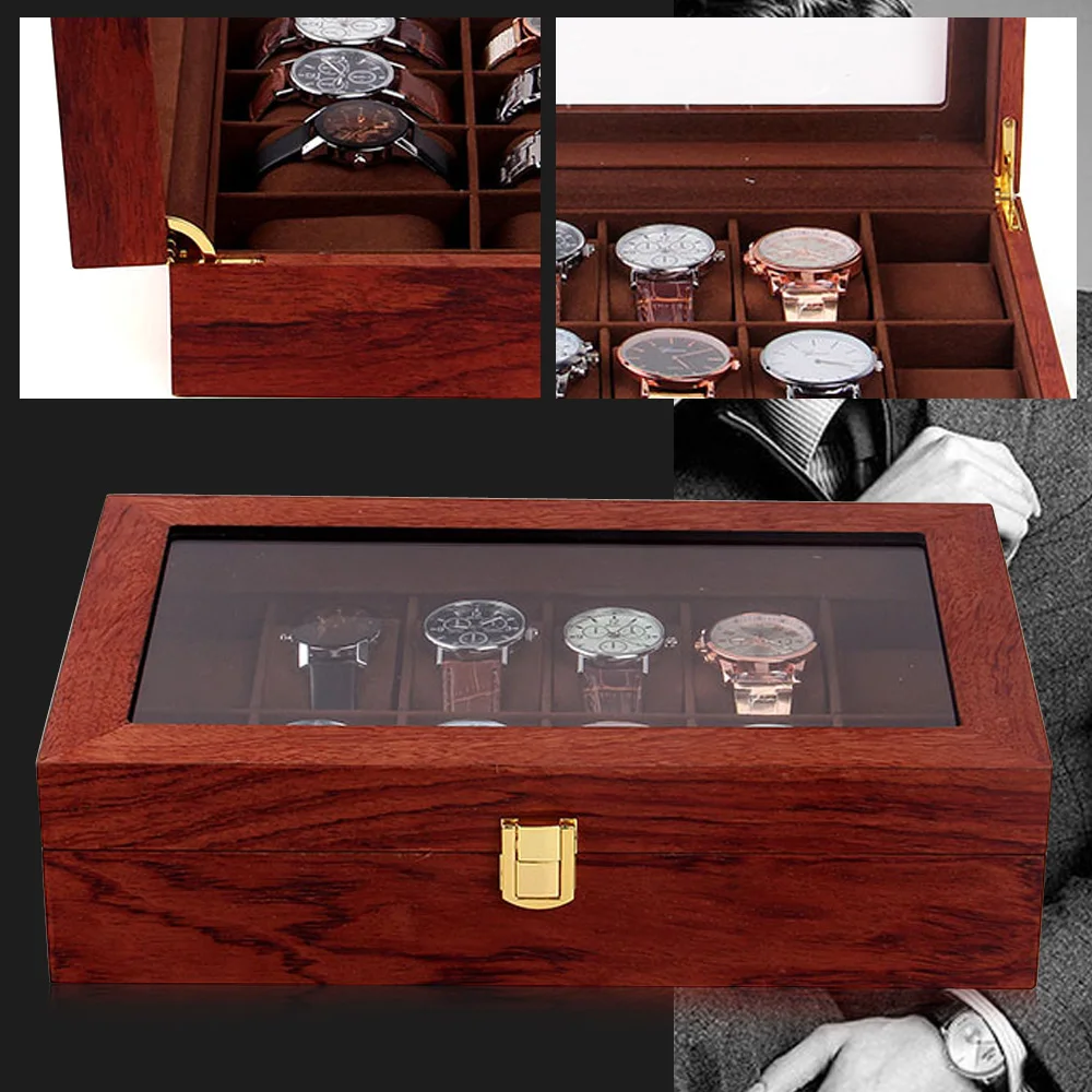 

Wooden Watch Display Box 12 Slots With Clear Transparent Qualify Glass Top Lid Men & Women's Jewelry Display Case