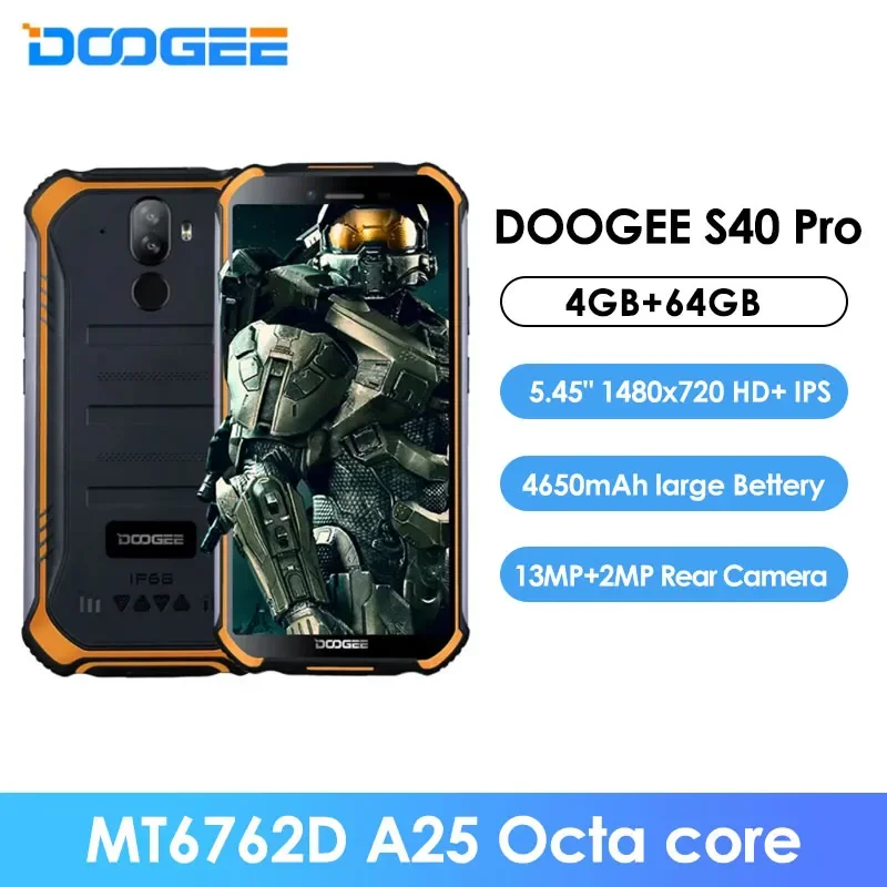 

Doogee S40 Pro Rugged Phone 5.45" Android 10 Smartphone 4GB 64GB MT6762D A25 Octa core 4650mAh IP68/IP69K Waterproof Cell Phone