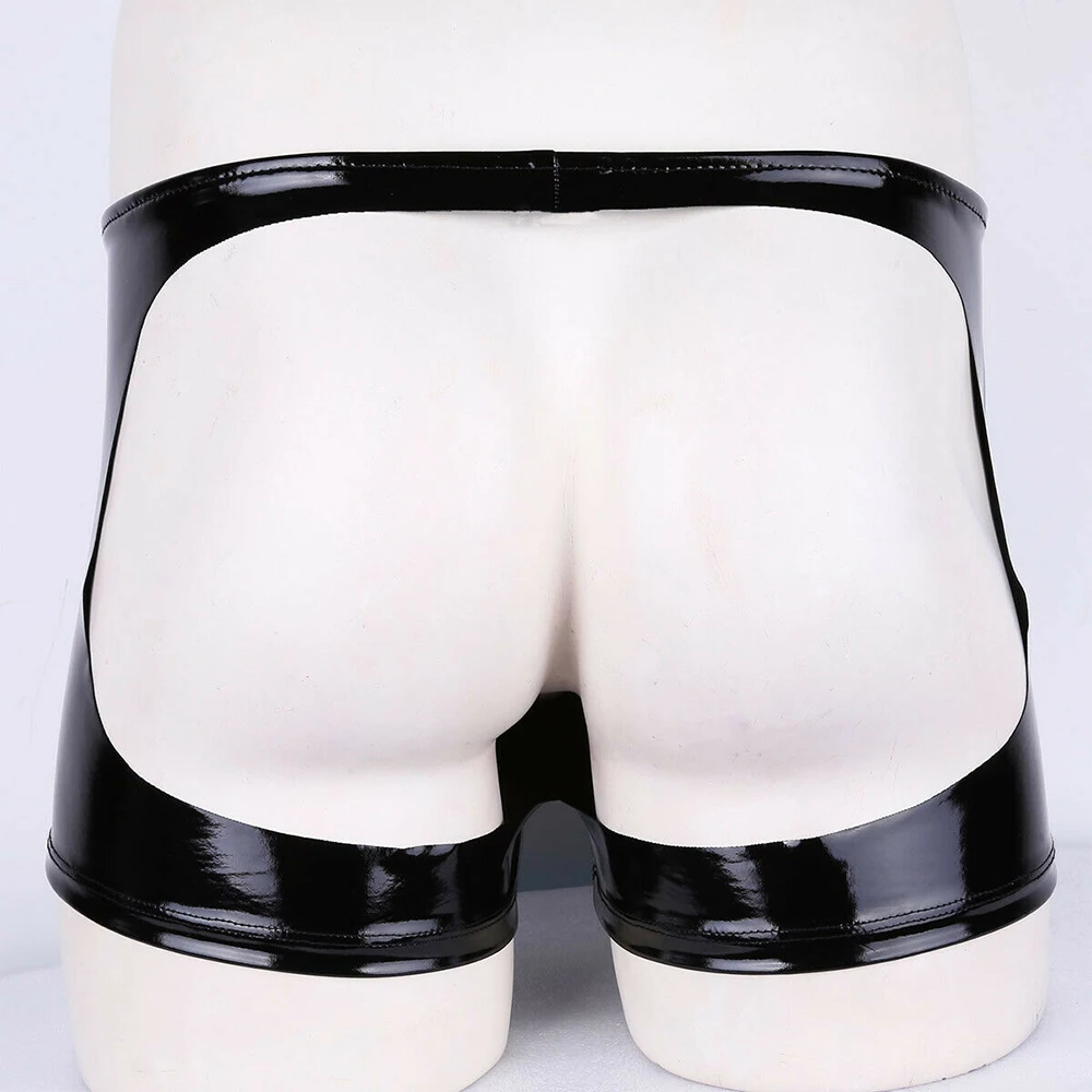 

Open Butt Club Panites Man Faxu Leather Hollow Out Boxer Trunks Sexy Zip Pouch Underpants Eortic Lingerie Gay Men PVC Shorts