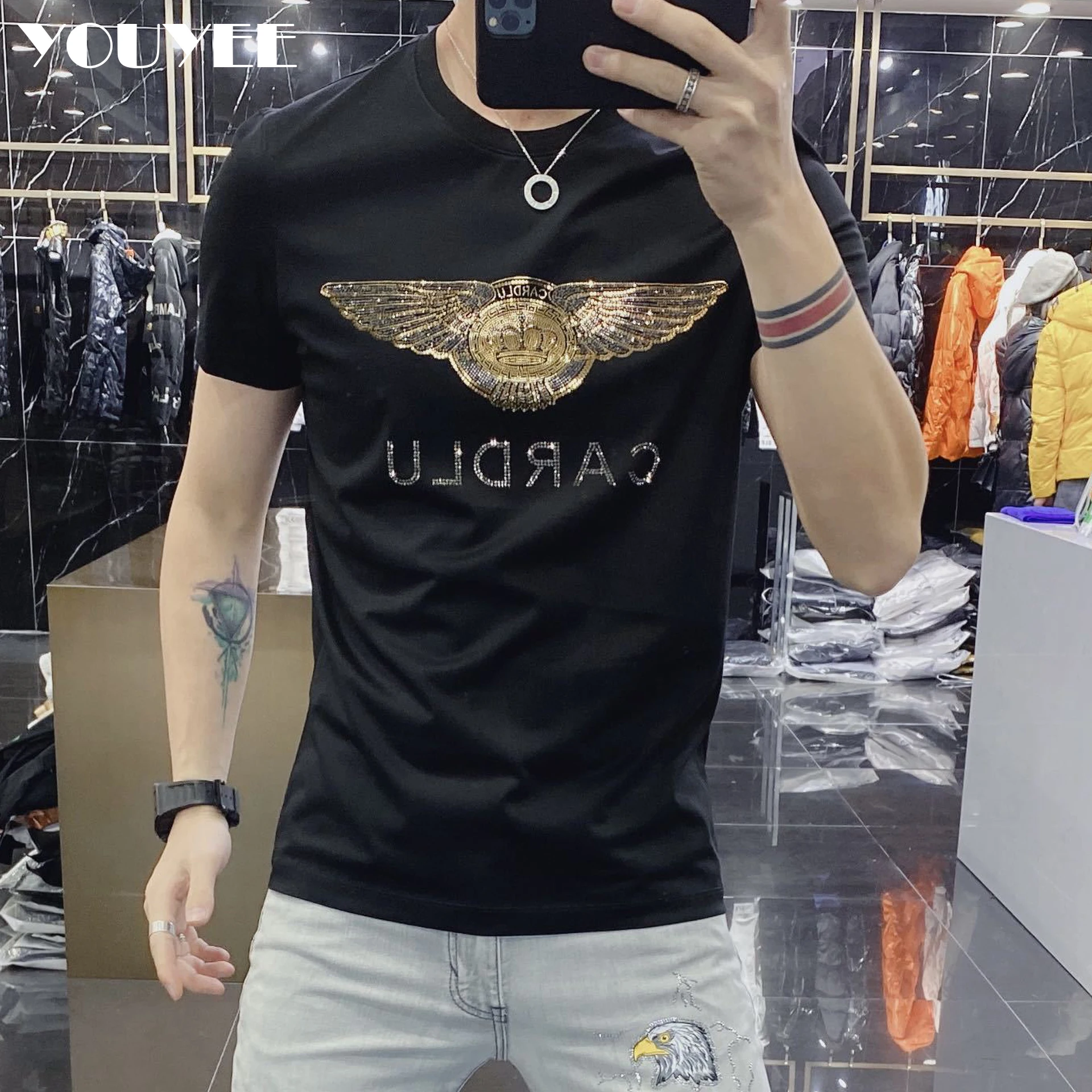 

Fashion Stick Diamond T-shirt Personalized Breathable Hot Diamond Slim Mercerized Cotton Thin Short Sleeve Tees 2022 Summer Top