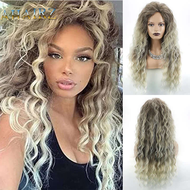 

65cm Synthetic Long Curly Wigs Ash Blonde Wave Fake Hair With Part Side Bangs for Women Fluffy Ombre Costume Carnival Party Wig