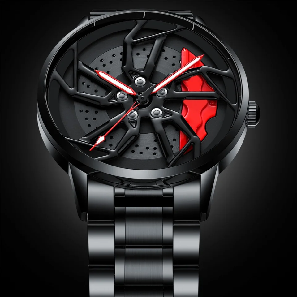 

NIBOSI Hot Sell Stainless Steel Band Watch Fashion Premium Quartz Movement Car Rim Wheel Shaped Rotating Dial Relogio Masculino