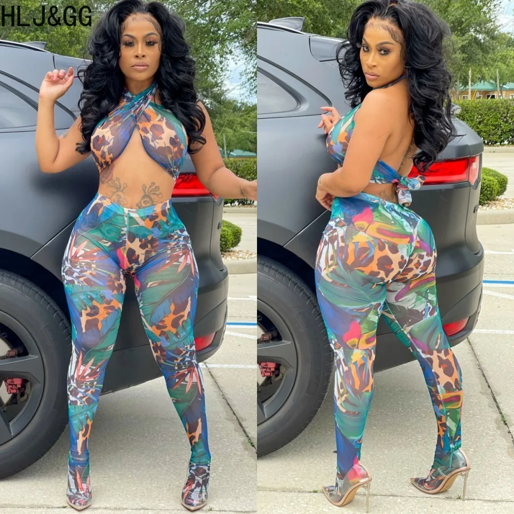 

HLJ&GG Sexy Mesh Printing Bandage Two Piece Sets Women Halter Backless Crop Top And Skinny Pants Outfits Fashion 2pcs Streetwear