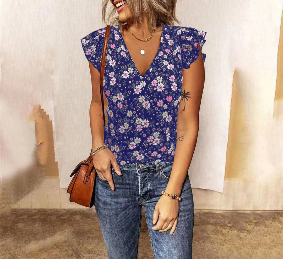 Summer New Loose Small Floral V-neck Ruffle Sleeve T-shirt Fashion Casual Print Ladies Tops
Summer New Loose Small Floral V-neck Ruffle Sleeve T-shirt Fashion Casual Print Ladies Tops