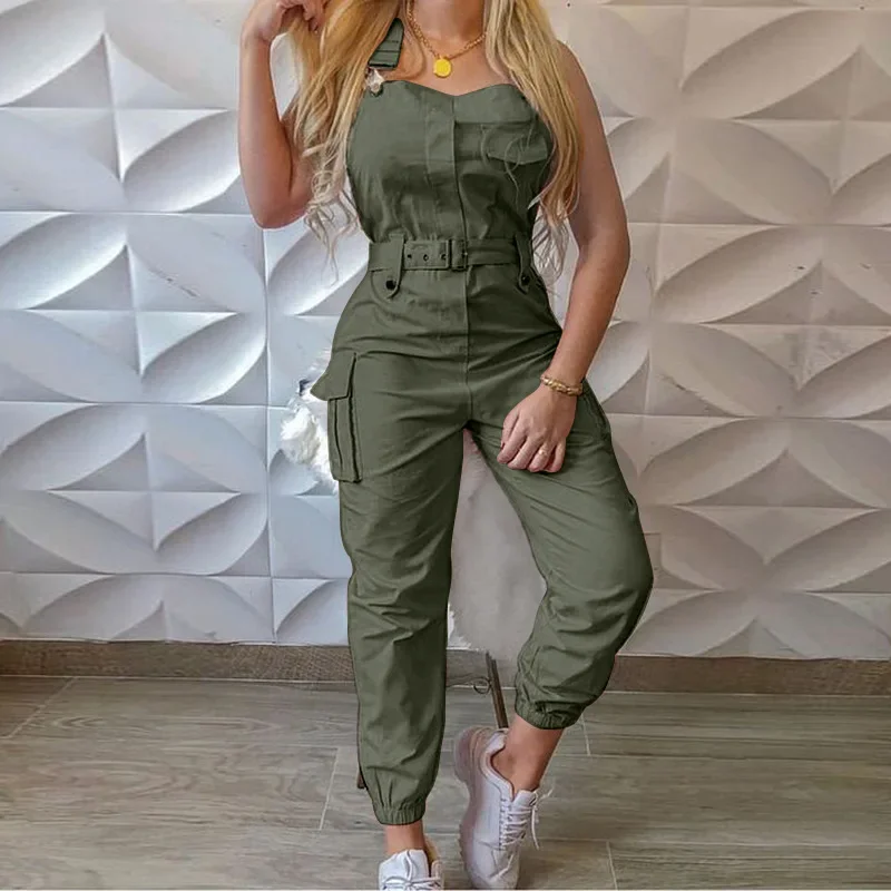 

Spring Summer Strap Women's Jumpsuits Fashion Casual Simple Sleeveless with Sashes Solid Color Female Loose Cargo Playsuits