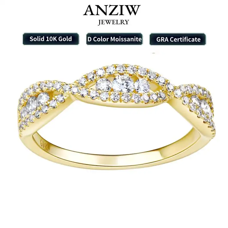 

Anziw Real Gold Ring Pure 10K AU417 Round D Color Moissanite Wedding Band Twist Ring for Women Certificate Engagement Jewelry