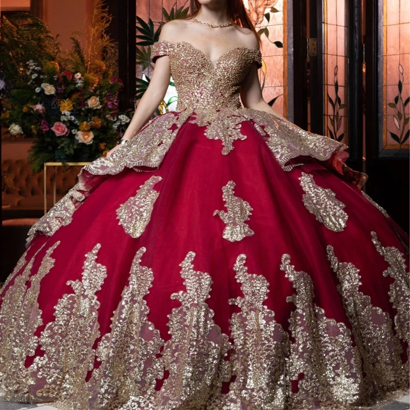 

Red Shiny Off The Shoulder Quinceanera Dress Ball Gown Gold Lace Applique Beads Corset Sweet 16 Vestidos De 15 Años