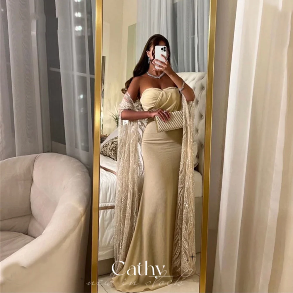 Cathy Elegant Prom Dress Sequins Cape Evening Dress Champagne Mermaid فستان سهرة Sexy Strapless Floor Length Party Dresses 
Cathy Elegant Prom Dress Sequins Cape Evening Dress Champagne Mermaid فستان سهرة Sexy Strapless Floor Length Party Dresses