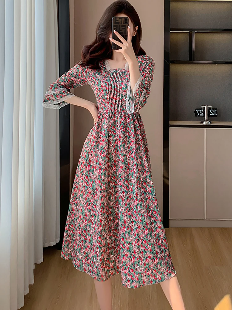 

Весеннее шифоновое повседневное длинное платье с цветочным принтом в стиле бохо, женское элегантное кружевное платье для выпускного вечера с квадратным вырезом, корейская мода 2024, облегающее женское платье
