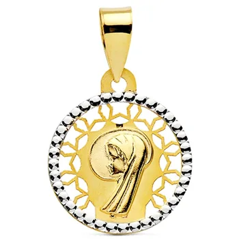 Medal 18k gold two tone Virgin Girl pendant 14mm. Fence round center openwork forms 
Medal 18k gold two tone Virgin Girl pendant 14mm. Fence round center openwork forms