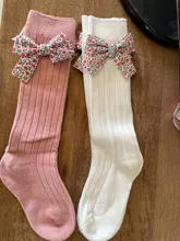 Calcetines largos de algodón para niñas pequeñas de 0 a 5 años, lazos con flor hasta la rodilla, Estilo Princesa