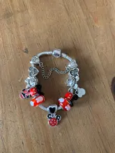 Pulsera de cuentas con colgante de Mickey y Minnie, diseño clásico, cristal rojo, Color plateado, colgante de corazón, joyería, Pulsera para Mujer 2020