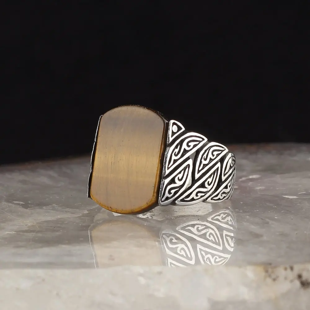 

MEN 'S Tiger 'S Eye Gemstone 925 Sterling Handmade Custom Design Silver Ring Made in Turkey