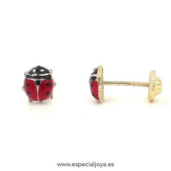 Girl earrings sterling gold 18 karat glazed in red and black. Ladybug and with a screw thread sleeve nut's closing motif
Girl earrings sterling gold 18 karat glazed in red and black. Ladybug and with a screw thread sleeve nut's closing motif