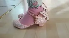 Zapatos de cuero de princesa para niñas, calzado de tacón alto con purpurina Nudo de mariposa, para fiesta, color rosa y plateado