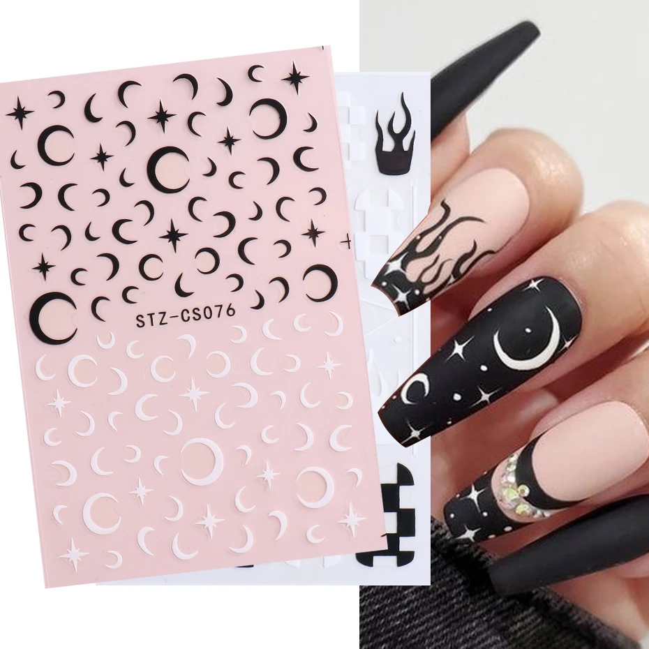 Фото Черно-белые наклейки Star 3D Nail Art Sliders Французский дизайн ногтей Moon Fire Smiling Checkerboard Image