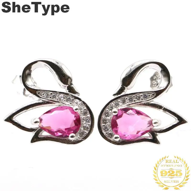 

15x14mm 2019 Swan Shape Created Pink Tourmaline White CZ Gift For Sister European Style 925 Solid Sterling Silver Stud Earrings