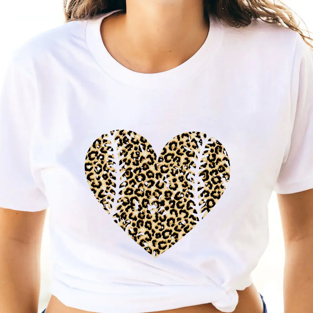 

Leopard Baseball Heart Valentine's Day Colored Printed 100%Cotton Women's T Shirt Spring O-Neck Pullovers Short Sleeve Tops