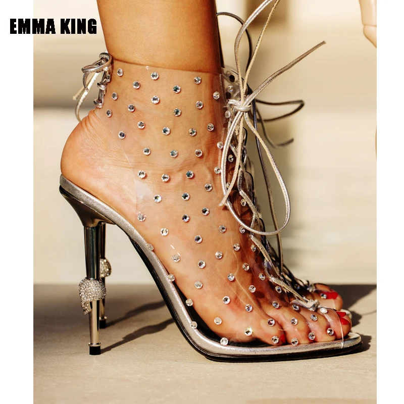 Фото Женские Модные ботильоны Прозрачные ботинки на шпильке с кристаллами женская