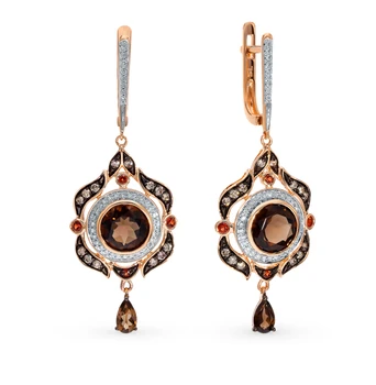 Gold earrings with cognac diamonds, раухтопазами and Garnet sunlight sample 585
