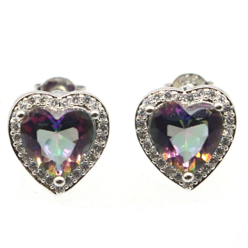 Сережки в форме сердца 11x11mm SheCrown Fire Rainbow Mystic Topaz CZ|925 silver earrings|vintage bigwedding gold earrings |