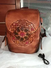 Mochila Retro de piel auténtica para mujer, bolsa de gran capacidad con estampado Floral hecho a mano, para invierno, 2021
