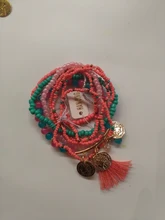 Conjunto de pulseras elásticas multicapa para mujer, joyería Bohemia, brazaletes con borla, moneda de oro, encanto de cuentas de cristal, regalo para mujer
