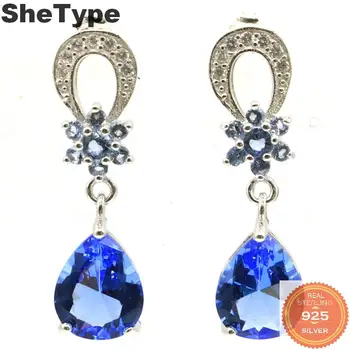 

31x9mm Gorgeous 4.2g Created Rich Blue Violet Tanzanite Natural CZ Gift For Girls Real 925 Solid Sterling Silver Earrings