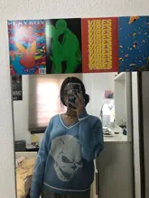 Rapcopter-suéteres Y2K para mujer, suéteres de calaveras con cuello de pico, Tops tejidos informales holgados, ropa de calle, Tops Retro, azul, otoño 2020