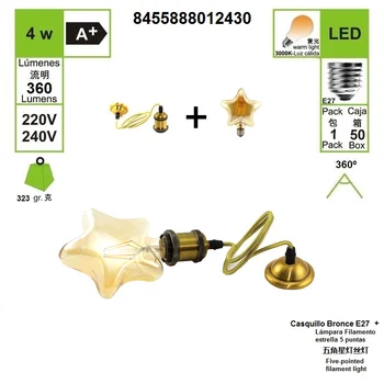 Bombillas Estrella Filamento LED 4W Cálido AC 220V + Portalámpara E27 Bronce 
Bombillas Estrella Filamento LED 4W Cálido AC 220V + Portalámpara E27 Bronce