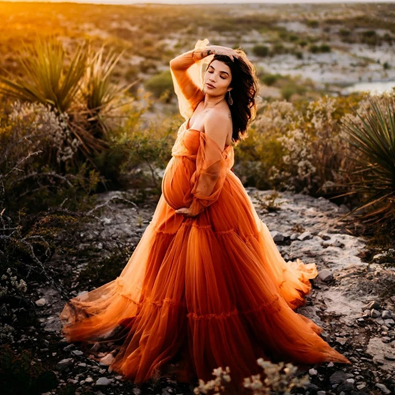 

Off The Shoulder Orange Tulle Pregnancy Dress Elegant Ruffles Tiered Mesh Long Maternity Dresses To Photo-shoot Pregancy Gowns