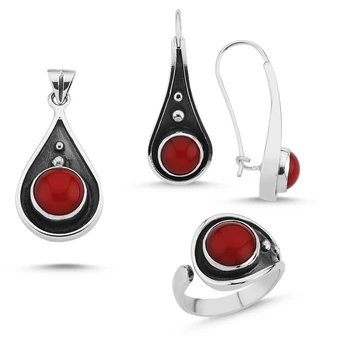 Silver 925 Sterling Coral Stone Handwork Set 
Silver 925 Sterling Coral Stone Handwork Set