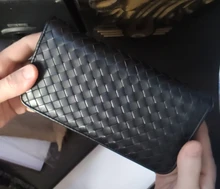 Cartera de cuero tejida larga para hombre y mujer, bolso de mano de marca de lujo, cartera sencilla a la moda, 100% de gran capacidad de piel de oveja