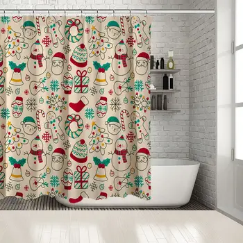 

Snowmen, Garlands, Hats, Gloves, Gifts, Bells, Trees, snowflakes Celebration Theme Doodle Art Red Green Beige Shower Curtain