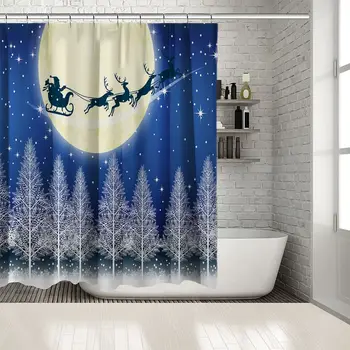 

Pine Trees Snowy Night Sky Full Moon Stars Santa Claus Flying on His Sleigh with Reindeers Art White Blue Shower curtain