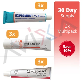 Expigment 4% 30 Gr. + Tretin 0.05% 30 Gr. + Madecassol 1% 40 Gr. - 30 Day Supply - 3 x Multipack
Expigment 4% 30 Gr. + Tretin 0.05% 30 Gr. + Madecassol 1% 40 Gr. - 30 Day Supply - 3 x Multipack