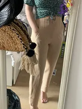 Za-pantalones de talle alto para mujer, pantalón de oficina a la moda, color Beige, elegante, con botones y cremallera, informales, color rosa, primavera 2021