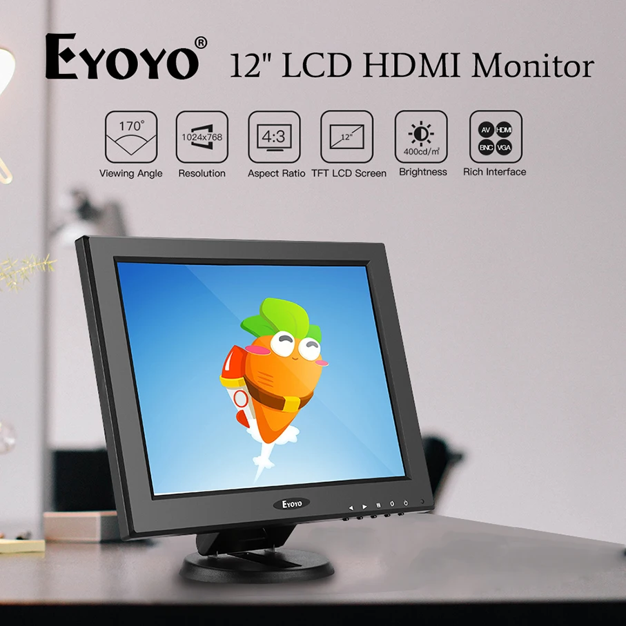 EYOYO 12-дюймовый цветной 1024x768 TFT ЖК-экран HD монитор HDMI VGA AV BNC для ПК видеонаблюдения