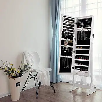 LED jewelry cabinet with key lock and 2 drawers, organizer cupboard mirror full length, white JBC94W 
LED jewelry cabinet with key lock and 2 drawers, organizer cupboard mirror full length, white JBC94W