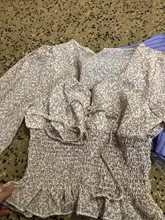 Camisa de Chifón con estampado Floral Vintage para mujer, blusa corta con cuello en V y mangas abullonadas para reducir la cintura, ML640