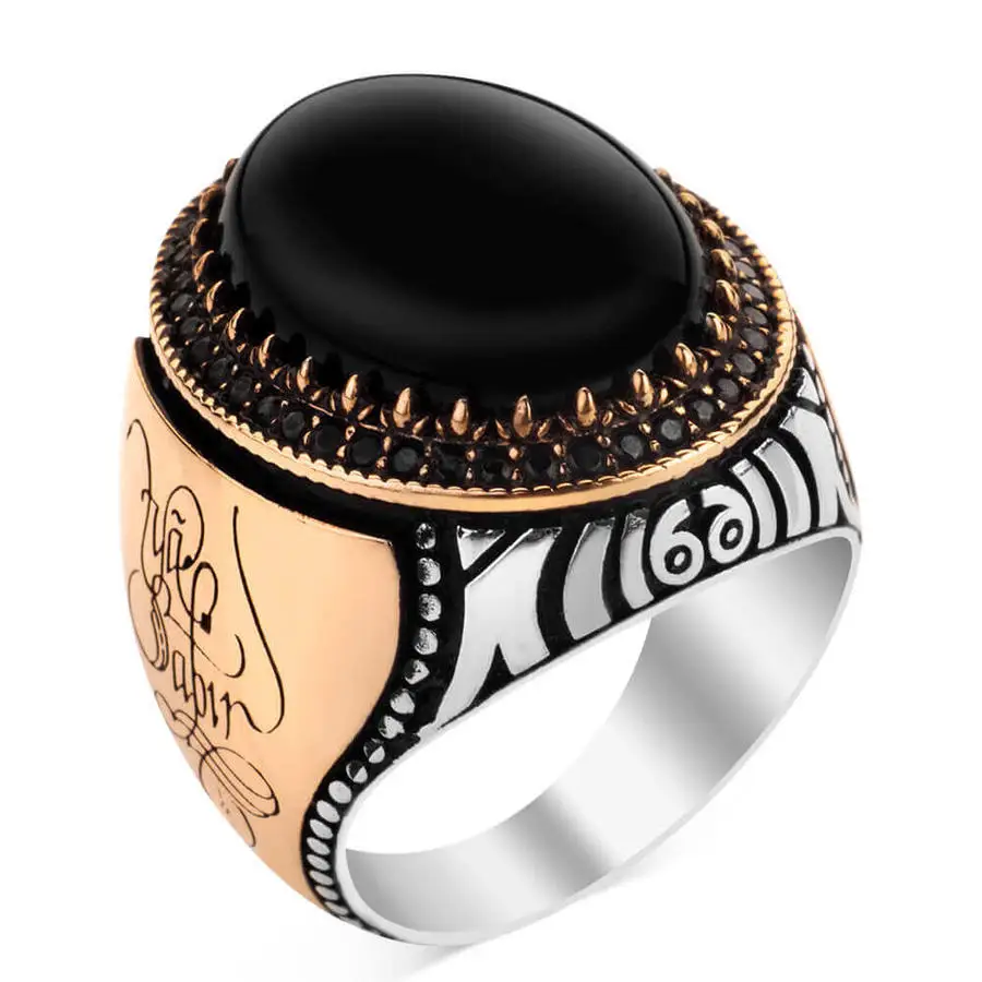 

Silver God Give Me Peace Engraved Ring with Black Onyx Stone Fashion Turkish Premium Quality Handmade Jawelery