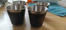 4 unids/lote 70ml Camping al aire libre vajilla de tazas suministros de Picnic de vino de acero inoxidable taza de cerveza tazas para whisky de cuero de la PU