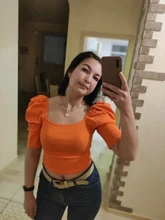 Womens Tops Blouses Shirt Puff-Sleeves Square Hot-Sale Collar Navel-Fashion Sexy Solid-Color