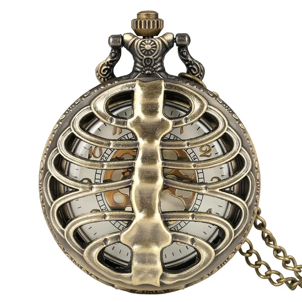 

Antique Steampunk Bronze Spine Ribs Hollow Quartz Pocket Watch chain Necklace Pendant sweater chain Vintage Gifts for men women
