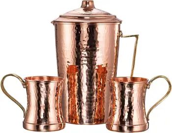 Thickest Heaviest Hammered 1mm Copper Tumbler Cup Mug Set with Pitcher for Water Moscow Mule Ayurvedic Healing (Pitcher&2Tumbles 
Thickest Heaviest Hammered 1mm Copper Tumbler Cup Mug Set with Pitcher for Water Moscow Mule Ayurvedic Healing (Pitcher&2Tumbles