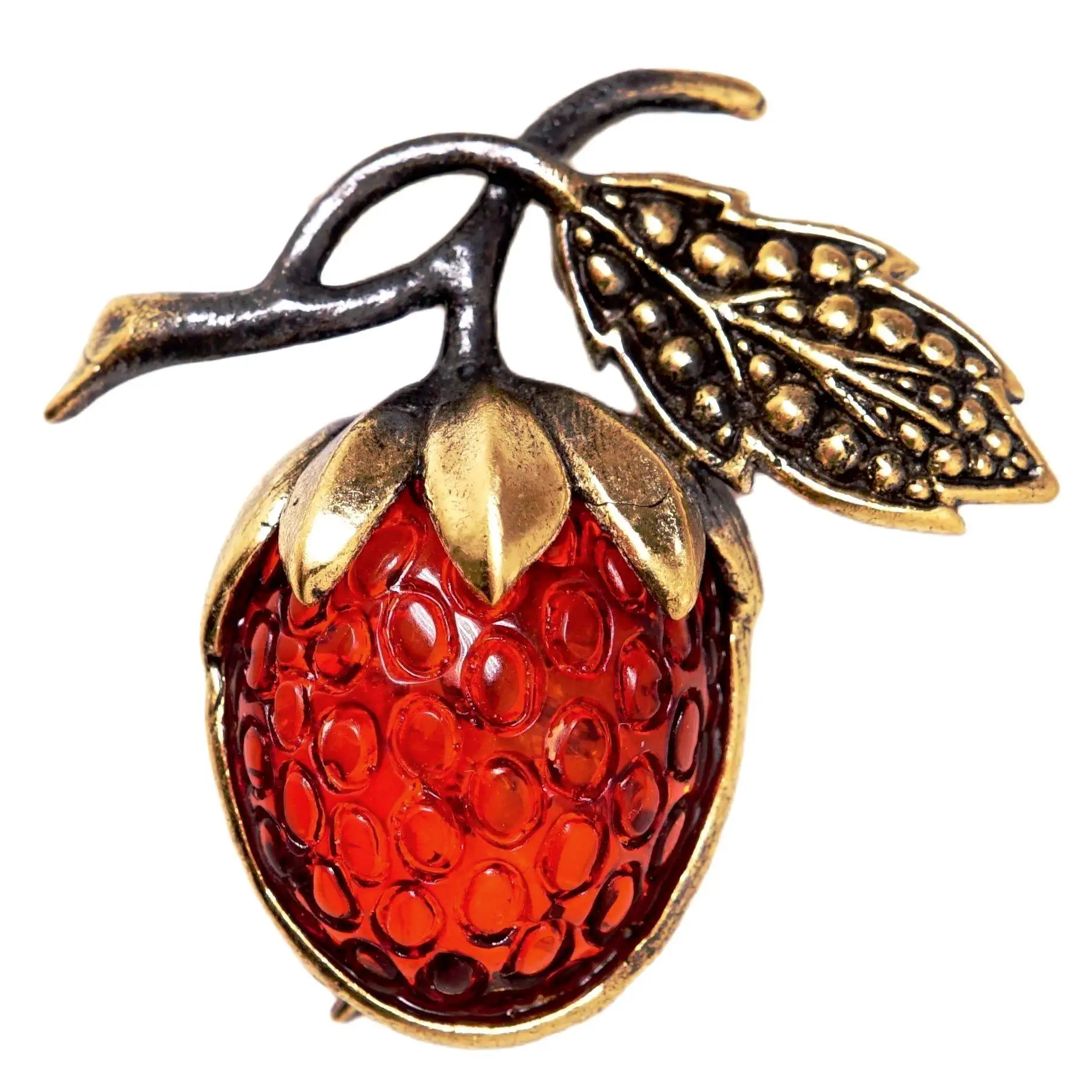 Фото Брошь ягода Малинка красивая Янтарь бронза латунь украшение ягоды фрукты брошка