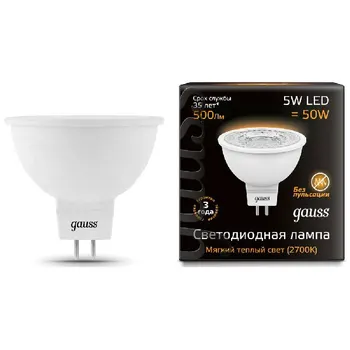 Gauss LED bulb MR16 GU5.3 5W 500lm 3000K 101505105 pack 10 PCs
Gauss LED bulb MR16 GU5.3 5W 500lm 3000K 101505105 pack 10 PCs