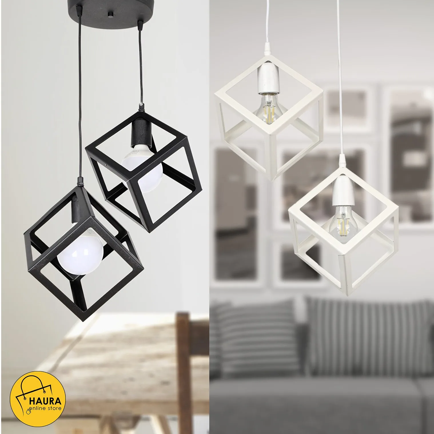 

Geometric Metal Cube Chandelier Modern Black & White Model Droplight Home Office Room Lighting Decoration Double E27 Lamp Entry